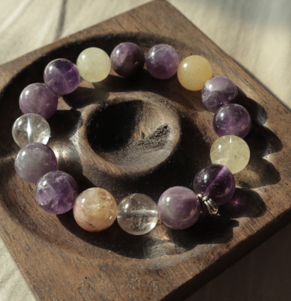 #D005 12mm Amethyst, Clear Quartz, 10mm Yellow Pagoda Crystal, Pure Silver Jewelry Bracelet